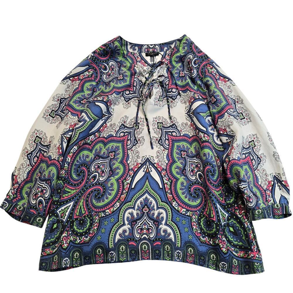 Talbots Petites Paisley Peasant Boho Silk Blouse with Double Tie Neck Size 12P